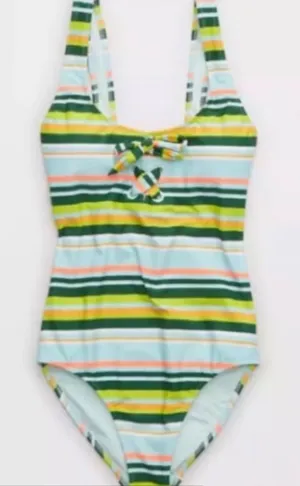 AERIE Women’s Striped One Piece Tie Front‎ One Piece Bathing Suit Sz Large thumbnail 2