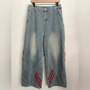 BH Grunge wide leg Baggy Jeans Red Stripes retro loose patchwork hip hop L thumbnail 4