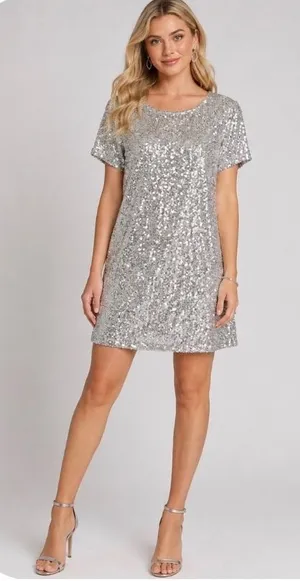 Betsey Johnson Silver Sequin Shift Dress Womens Large Short Sleeve Party thumbnail 1