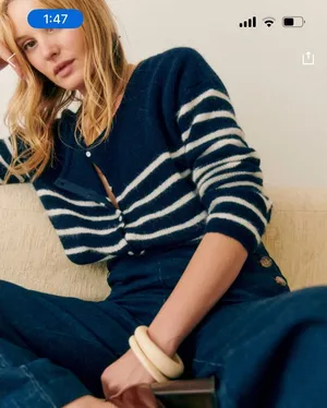 Sézane Navy and White Striped Mohair Blend Cardigan thumbnail 1