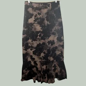VTG Drama Floral Bias Cut Maxi Skirt 8 Taupe Black Made USA‎ Dark Academia thumbnail 2