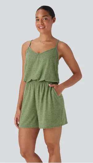 Halara Romper Blouson Racerback Pockets Elastic Waist Heathered Green L thumbnail 1