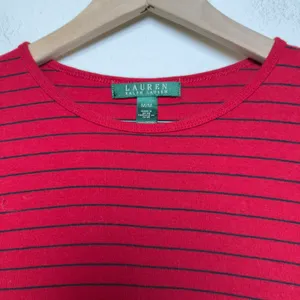 Lauren Ralph Lauren Women Cotton Top M Red Striped Long Sleeve Pocket‎ Preppy thumbnail 2