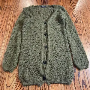 Chartreuse Olive Green Open Knit Fuzzy Cardigan Size M thumbnail 1