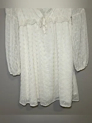 Storia Neutral Sheer V Neck Long Sleeve Cottagecore Mini Dress Women’s Medium thumbnail 3