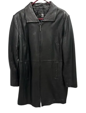 Jaclyn Smith Black Genuine Leather Mid Length Zip Up Trench Coat Jacket XL‎ thumbnail 1