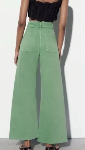 Zara Marine Straight Wide Leg Jeans Green thumbnail 1