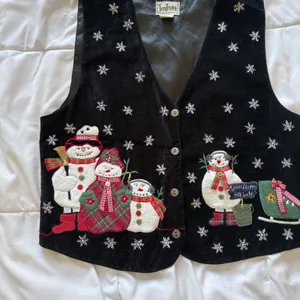 Vintage Christmas Vest Black Velvet Snowman Plaid Snowflake Medium Holiday 90s thumbnail 2