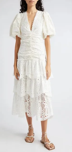 NWT FARM Rio Cotton Eyelet Puff Sleeve White Tiered Midi Dress L cottage coastal breathable thumbnail 1