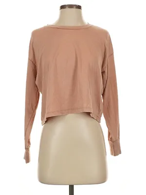 Aerie Womens Size Medium Long Sleeve T-Shirt Cropped Tan Brown Distressed Cotton thumbnail 2