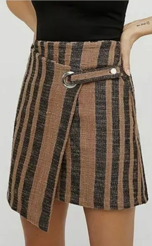 Free People Wrap Mini Skirt M Brown Stripe Asymmetrical Boho Cottage Festival thumbnail 1