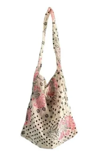 Free People Reusable Tote Bag Pink Floral Woven Cotton Boho Granola Vegan thumbnail 1