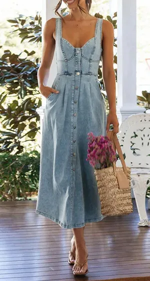Boutique Light Blue Denim Button Front Sleeveless Midi Dress w/ Pockets thumbnail 1