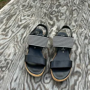 𝅺ITALIAN‎ Shoemakers Shoes Wedge black white spring summer Strappy stripe thumbnail 3