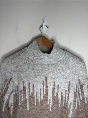 Ophelia Roe Turtleneck Two-Tone Heather Gray-Camel Geo Pattern Neutral Sweater S thumbnail 3