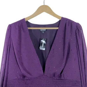 NWT Express Smocked Metallic Clip Dot Blouse Purple Whimsigoth V-Neck Size XL thumbnail 2