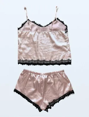 Lace Trim Satin Sleepwear Set in Pink and Black - Size Small thumbnail 2