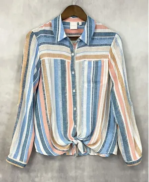 Beachy Striped Button‎ Front Shirt Women Medium Coastal Preppy Resort thumbnail 1