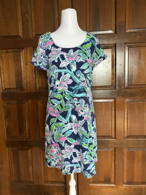 Lilly Pulitzer Tammy Dress Small S Bright Navy Sway This Way Floral Fish UPF 50+ thumbnail 3
