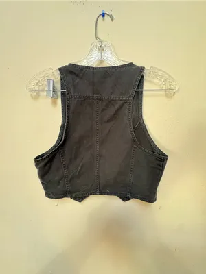 Y2K Style Washed Black Military Vest Medium Cropped Gold Button Utility thumbnail 2