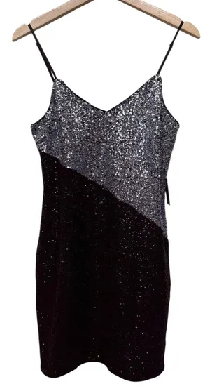 Express Sequin Mini Dress Women Sz S Black‎ Silver Sleeveless Bodycon Formal thumbnail 1