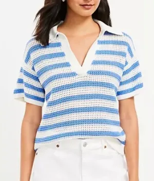 LOFT Striped Short Sleeve Collared Knit Pullover Sweater White Blue Large thumbnail 1