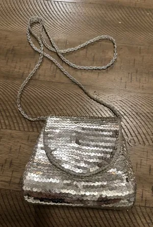 Vintage Silver‎ Sequin & Bead Crossbody Mini Bag // Y2K Disco Glam Evening Purse thumbnail 1