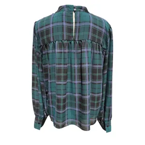 Ann Taylor Green Plaid Mock Neck Pintuck Blouse Long Sleeve Large thumbnail 7
