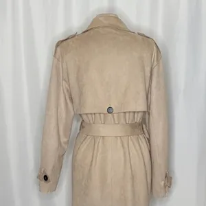 ZARA Faux Suede Trench Coat Belted Jacket Solid Tan Brown Pockets Outdoors Large thumbnail 9