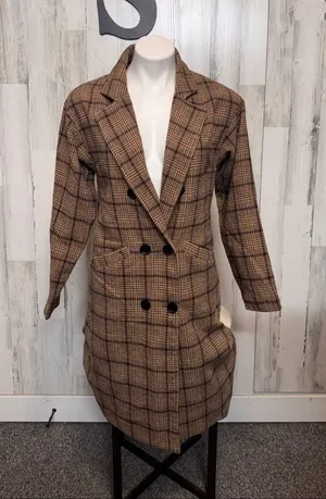 Tanning Plaid Blazer Coat Size Small Double Breasted Wool Blend Longline Jacket thumbnail 1