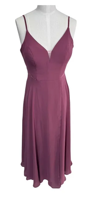 Azazie Maxi Dress A-Line Lace Cutout Women's 4 Plum Chiffon Spaghetti Strap Gown thumbnail 1