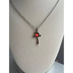 Cross Necklace Red Heart Pendant Silver Stainless Steel Minimal Jewelry thumbnail 6