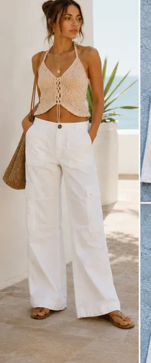 Free People The Thing Is Mid Rise Utility Pants Optic White Cargo Wide Leg~2🧡 thumbnail 1