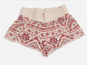 No Boundaries Cream High-Waist Boho Shorts with Red & Teal Pattern medium thumbnail 1