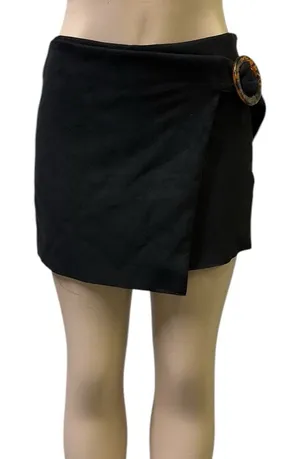 Zara Black Faux Suede Shorts Skort Tortoiseshell Buckle Side Zip Womens Medium thumbnail 1