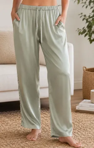Clio 100% Silk Sage Green Drawstring Pants Pajama Career Luxury Old‎ Money L thumbnail 1