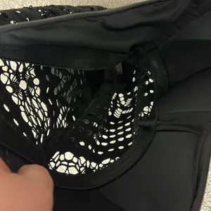 New Large Black Strapless Sheer Crochet One Piece Swim Suit with Button Detail thumbnail 10