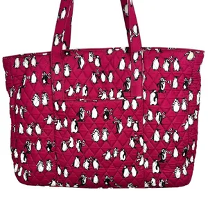 Vera Bradley‎ Quilted Playful Penguins Turnlock Tote Bag Crimson Red Retired thumbnail 9
