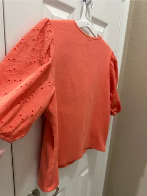 Dolan Anthropologie Coral Eyelet Puff Sleeve Blouse size XL thumbnail 10