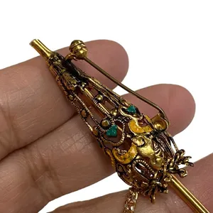 Vintage Umbrella Enamel Parasol Pin Brooch Gold Toned Damascene Pearl Handle thumbnail 7