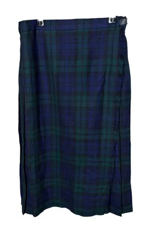 Pure New Wool Black Watch Tartan Plaid Wrap Skirt Navy Green Leather Buckle thumbnail 1