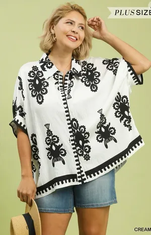 New! Umgee Plus Size Cream Abstract Collar Button-Front Top Size 2X thumbnail 1