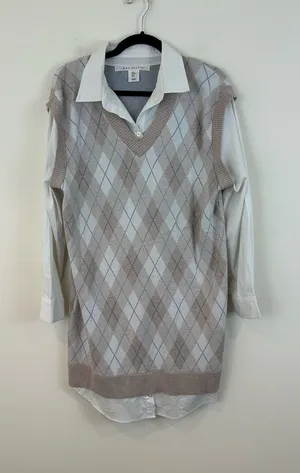 Max Studio Tan Argyle Layered Long Sleeve Sweater Dress Size Medium thumbnail 1