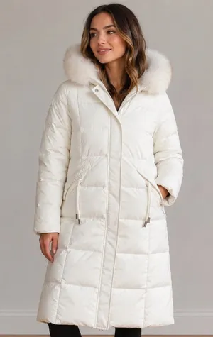 Women’s Winter White Quilted Puffer Coat With Faux Fur Hood – New Without Tags thumbnail 1