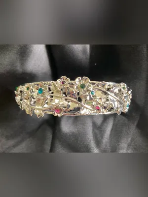 Silver Floral Bangle Bracelet w/ Pink, Green and Teal Crystal Accents thumbnail 7