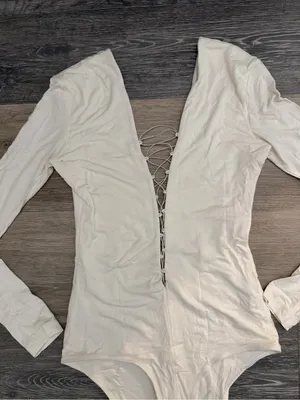 T by Alexander Wang White Long-Sleeve Lace-Up Plunge Bodysuit thumbnail 5
