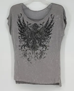 Vintage Affliction Medium‎ Gray Acid Wash Winged Cross Mesh Graphic Shirt Y2K thumbnail 1
