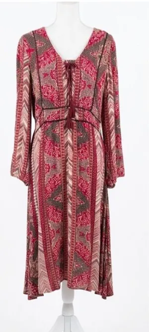 Reba Red & Brown Boho Tie-Front Long-Sleeve Midi Dress thumbnail 1
