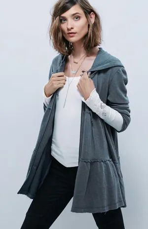 Free People Heathered Tiered Trapeze Zip Jacket with Hoodie thumbnail 1