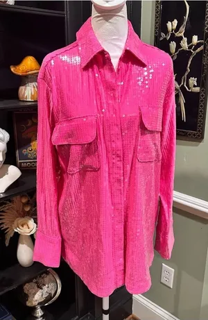 Rachel Zoe Hot Pink Sequin Button-Down Top (Size S, NWT) thumbnail 1